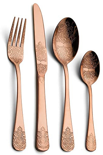 CRBUDY 24-teiliges Vintage-Besteckset, Besteckset aus Edelstahl, antikes, titanbeschichtetes Besteckset mit Messern, Gabeln und Löffeln