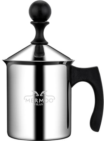 MERMOO YILAN Milk Frother 400ml Stovetop Coffee Frother Stainless Steel Manual Coffee Milk Foamer Cup for Latte Art Cappuccinos (Silver)