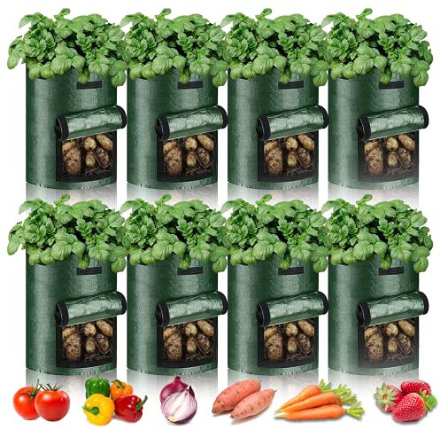 Nvzi Lot de 8 sacs de plantation pour pommes de terre, tomates, carottes et autres légumes - 2,7 l - Résistants - Épais - Avec fenêtre et poignées