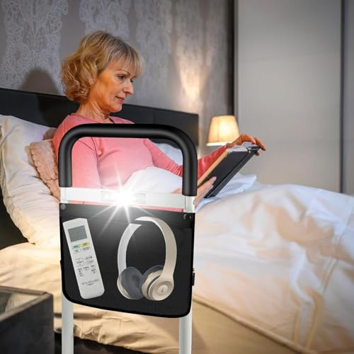 VIHBRAI Aufstehhilfe Senioren,Aufstehhilfe Bett mit 6 Höhenverstellbare Unterstützung, Gehhilfe Belastbar Bis 300 Pfund mit Aufbewahrungstasche und Bewegungslicht,Geeignet für Toilette/Sofa(weiß)