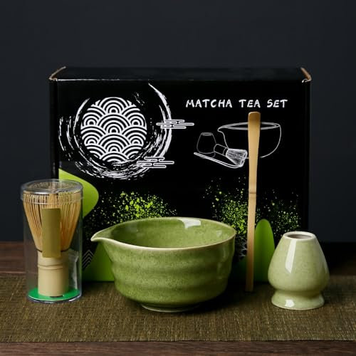 4pcsMatcha Whisk Set,Includes Matcha Bowl, Matcha Whisk Holder,Bamboo Matcha Whisk and Bamboo Scoop (Matcha Green)