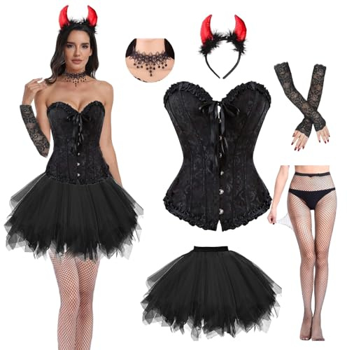 Engel und Teufel Kostüm,Gothic Corsage Korsett und Tüll Rock,Teufel Kostüm Damen mit Heiligenschein,Spitzenstrümpfe,Spitze Halsketten und Handschuhe,Halloween Kostüm Damen für Karneval Cosplay Party