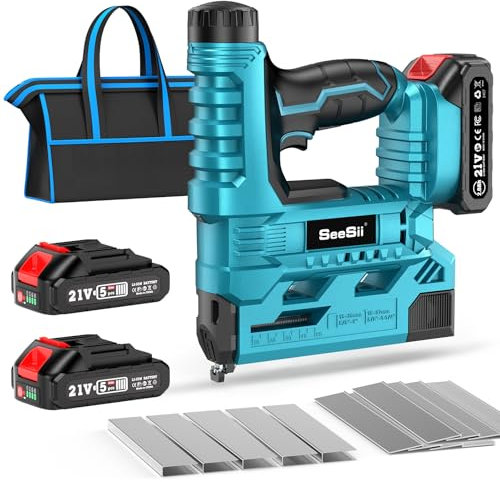 SEESII Cordless Brad Nailer Kit, 18 Gauge Electric Nail Gun with 2 X 2.0Ah Batteries and 1000pcs Nails and Staples, Adjustable Nailing Depth, 2 in 1 Brad Nailer/Stapler for Upholstery, Woodworking