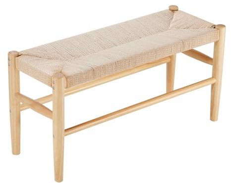 VEVOR Banco de Ratán de Madera 800 x 300 x 402 mm, Banco Bohemio con Patas de Madera de Roble y Ratán Tejido a Mano, Capacidad de Carga de 113 kg para Dormitorio, Sala de Estar, Cocina, Color Madera
