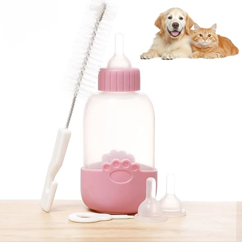 GmwyCzV Kit Biberon pour Animaux,100 ML Biberons d'allaitement pour Animal Domestique,Chaton Biberons d'allaitement avec 3 Tétines de Remplacement,Biberon Chaton pour Les Animaux Nouveau Nés(Rose)