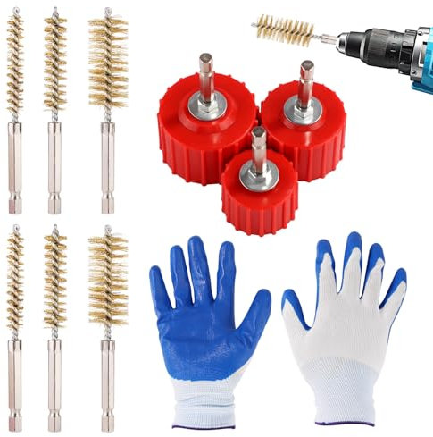 Lyreh 9 Piezas Juego de Limpiadores Tubos Cobre para Taladro, 1,27cm 1,91cm 2,54cm Cepillo Limpieza Tubos Aleación & 6 Cepillos Alambre con Guantes para Latón y Bronce Mantenimiento Soldadura