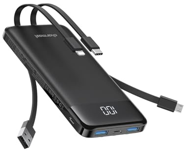 Charmast 10000mAh Batterie Externe, 15W Power Bank avec 4 Câbles Intégré | USB-C In&Out , 4 Ports 2A1C+1Micro, Affichage LED, Chargeur Portable, Compatible avec iPhone 17/16/15/14, iPad, Samsung