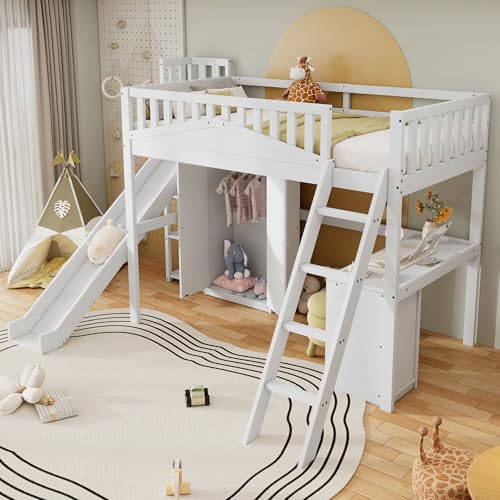 Merax Hochbett Kinderbett 90x200cm, Holzbett mit Kinderrutsche, Kleiderschrank und Offene Regale, Schreibtisch und Schrank, Platzsparendes Stockbett mit Lattenrost, Rausfallschutz, Jugendbett, Weiß