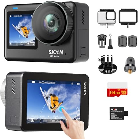 SJCAM SJ11 Action Cam 4K 30fps Unterwasserkamera 30m Wasserdicht, 6-Achsen EIS, 2.33 Dual Touchscreen, 154° Weitwinkel, WiFi Vlog Kamera inkl. 64GB Speicherkarte für Motorrad Sport Outdoor Ski Reisen