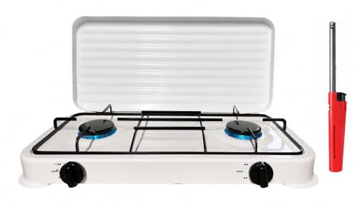Housetronics Portable Kompor Double Gas Table Top Stove Burner + Lighter, Outdoor Camping Cooker with Lid LPG 4kW