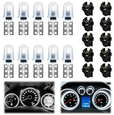 Astraveo 10 pcs Ampoule Tableau De Bord T5 Bombillas LED Unidades 12V Salpicadero Coche Luces Interiores Blanco Reemplazo Lámpara Instrumento Automático 06W 3014 Chips Bombilla T5