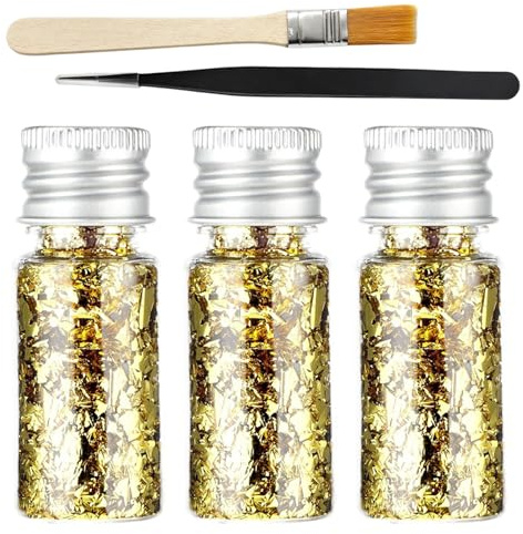 AJKQNMA 3 Stück Blattgold Flocken Set mit Pinzette, Kunst Blattgold Goldfolie für DIY Handwerk, Malerei, Nageldesign, Keramikdekoration, Scrapbooking, Gold