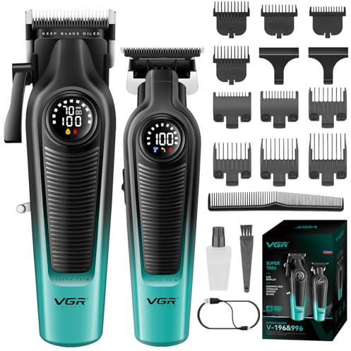 VGR 196 & 996 Tondeuse Cheveux Hommes Professionnel kit, Tondeuse Cheveux Professionnelle Sans Fil Avec Mode turbo, Lame Céramique Revêtement Titane, Écran LED, 10 Guides de Coupe, 1 Peigne, Vert