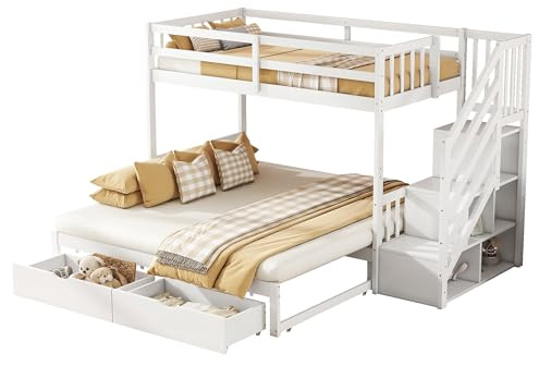 Azkoeesy Litera con cama nido y escalera, 90 x 200 cm y 180 x 200 cm, color blanco, con 2 cajones y 5 compartimentos de almacenamiento, barandilla y protección contra caídas, para adolescentes y