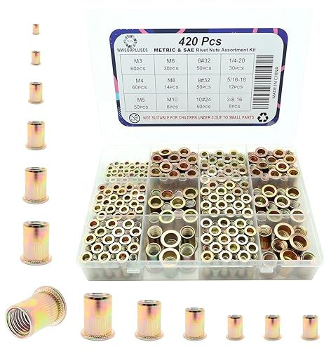 420 Pcs Metric & SAE Rivet Nut Kit, Carbon Steel Rivnut Kit, Flat Head Threaded Nusert Kit, M3 M4 M5 M6 M8 M10 6-32 8-32 10-24 1/4-20 5/16-18 3/8-16