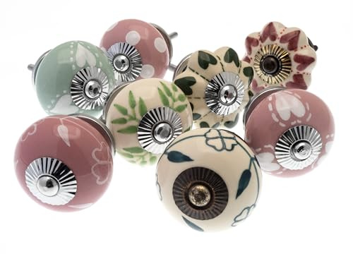 Gemischt Set mit Pink, Eau de nil & Grau Schrankknöpfe aus Keramik x 8 - 'Mango Baum' Wz Produkt (MG-193)