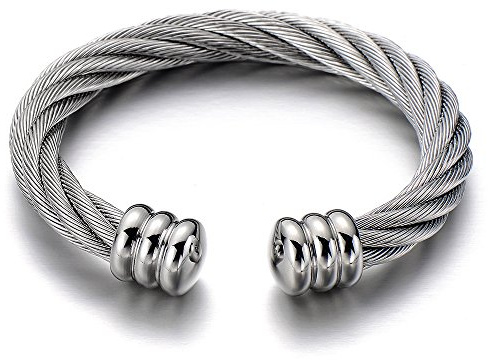 COOLSTEELANDBEYOND Large Elastic Adjustable Steel Twisted Wire Cuff Bangle Bracelet for Men Women Silver Color