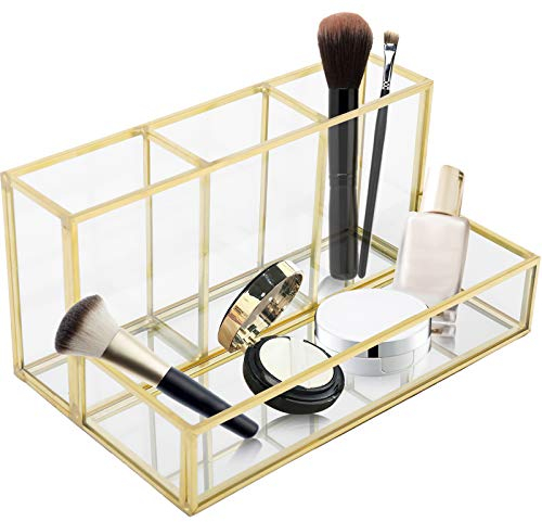 Homtone Make up Organizer 4 Fächer, Pinselhalter Glas Vintage Gold Glas Kosmetikbox, Makeup Organizer Aufbewahrung mit Spiegel Tablett für Parfüm Nagellack Lippenstiften, Kommode Badezimmer