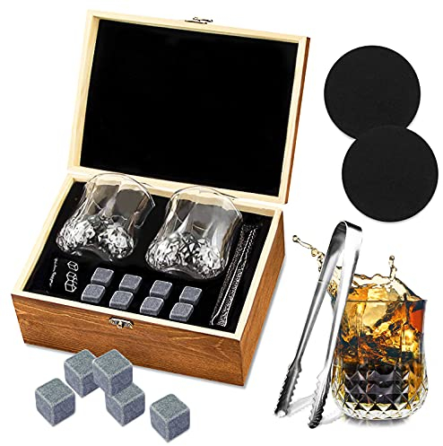 TOPSEAS Juego de Vasos de Whisky,Juegos de regalo de whisky,Set de regalo de Whisky,8 piedras de granito de whisky,2 posavasos de pizarra y un par de pinzas,enfría con lo cubitos de whisky