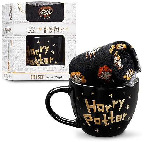 Harry Potter Tassen-Geschenkset, Kuschelige Damen Socken & Keramik Tasse, Geschenke für Frauen & Teenager (Schwarze Tasse und Socken, Tasse: 325 ml, Socken, 35/40 EU)
