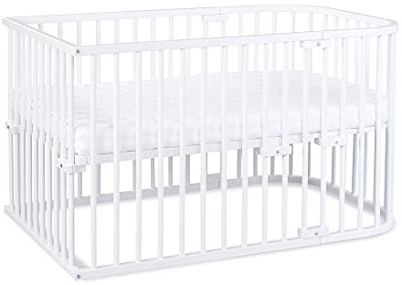 babybay Original Beistellbett aus massivem Buchenholz/kompakt & verwandelbar/Kinderbett Höhe stufenlos verstellbar & umweltfreundlich/mitwachsendes Babybett (weiß lackiert) / Kinderbettset