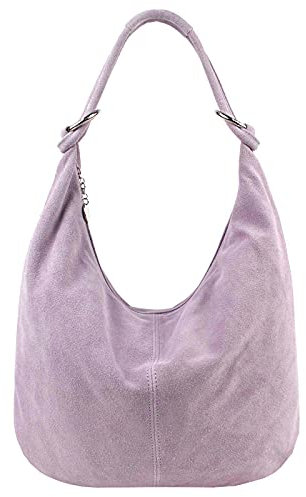OBC Made in Italy Damen XXL Ledertasche Leder Wildleder Shopper Tasche Schultertasche Umhängetasche Hobo-Bag Beuteltasche (Flieder)