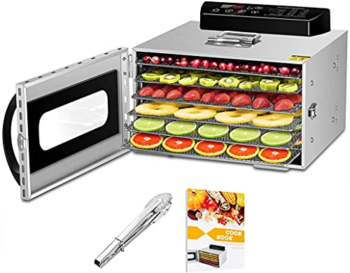 Deshydrateur Aliment, Déshydrateur Inox 6 Étages, avec Minuteur (24H), Température réglable 30℃-90℃, Déshydrateur Électrique pour Boeuf, Fruits, Légumes, Sans BPA, 400W