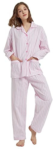 GLOBAL Pyjama für Damen, 100% Baumwolle, langärmelig, mit Knöpfen, weich, atmungsaktiv, PJS