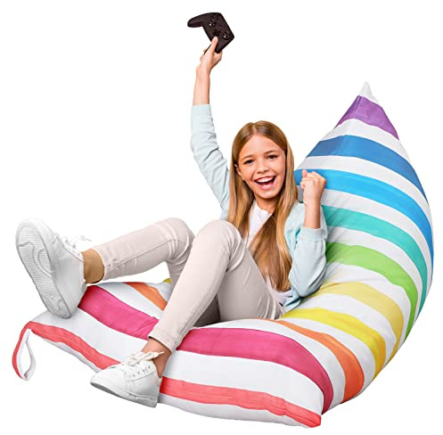 Sotiff Stuffed Animal Storage Bean Bag Chair Cover for Kids Extra Large Stuffed Canvas Bean Bag Cover for Organizing Children Plush Toys Holder Kids' Room, No Filling, 50 x 35 x 35 Inch(Rainbow Style)