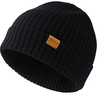 FUQILA 100% Merino Wool Cuff Beanie Hat, Unisex Warm Winter Caps Soft, Breathable & Cozy Stretchy Knitted Cuffed Cap (Black)
