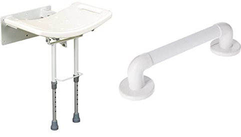 Days Wall Mounted Shower Seat with Legs, Aluminium Shower Chair, Contoured Seat with Height Adjustable Legs & Moulded Fluted Grab Rail, Durable PVC Safety Rail and Mobility Aid for Bathroom