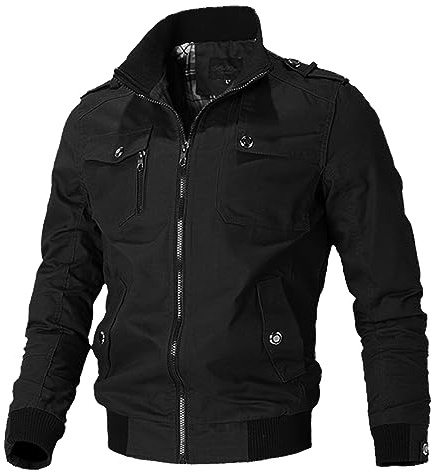 Oymyakon Men's Casual Military Jacket Stand Collar Jackets Coats Cotton Bomber Jackets with Shoulder Straps Black-XL