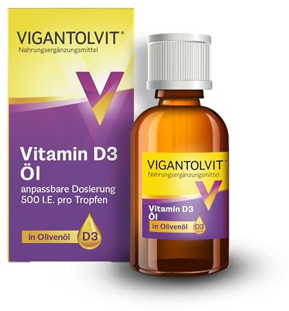 VIGANTOLVIT® Öl Vitamin D-Tropfen in Olivenöl unterstützt Knochen, Muskeln und Immunsystem*, anpassbare Dosierung - 500 I.E. pro Tropfen, 306 Tropfen pro Flasche