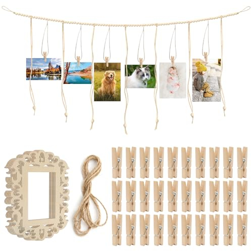 MAIXINNEW Fotoseil mit Klammern und Holz Papier Bilderrahmen (10x15cm), Fotoaufhängung Seil Wanddekoration, Foto Hängendes Seil mit Holzklammern für Hochzeit Party