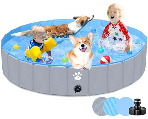 Gindoly piscina per cani Pieghevole,piscina per cani grandi&piccola,piscina per bambini da esterno,PVC robusto e resistente, antiscivolo,Rotondo, Grigio-140 * 30cm