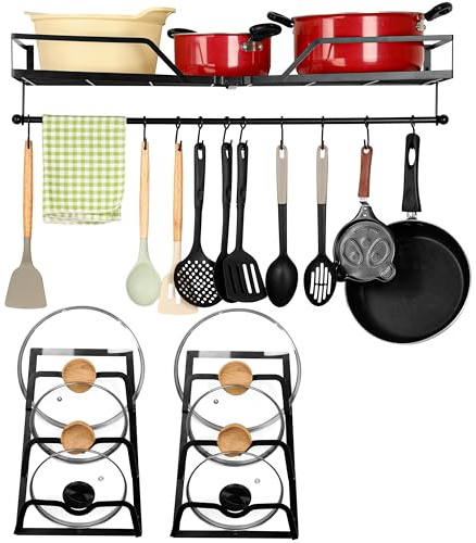 BELLE VOUS Estanteria de Cocina 3 en 1 - Estante Organizador de Pared para Almacenaje Ollas Sartenes y Tapas - Soporte Estantería con Barra y 10x Ganchos para Colgar Utensilios