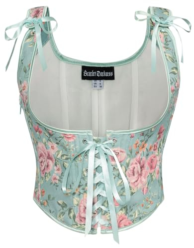 SCARLET DARKNESS Damen Renaissance Corsage Blumendruck Lace-up U-Ausschnitt Korsett Weste Rose Blau 40