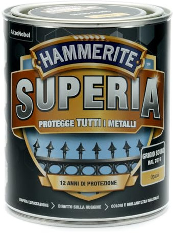 Hammerite Superia smalto metallo antiruggine interno e esterno, Opaco Grigio Scuro, 750 ml