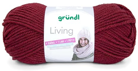 Gründl Wolle Living 1 Knäuel 100 g, Weinrot | Strick- und Häkelgarn - waschbares Garn - 80 % Polyacryl, 20 % Polyamid - 100 g / 100 m - Nadelstärke 8-9