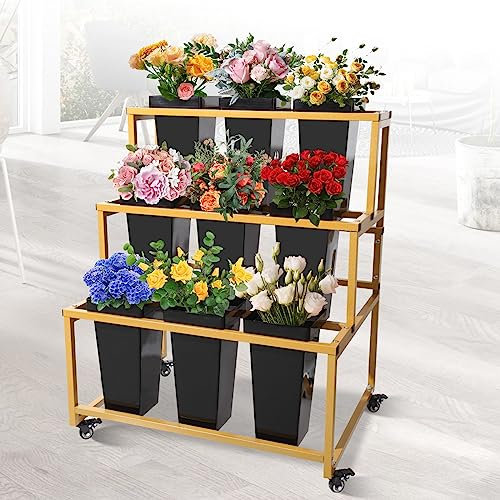 Présentoir de Fleurs, présentoir Floral avec 9 seaux, Support de Bouquet de Fleuriste Mobile en métal à 3 Niveaux pour Magasin de Fleurs, Support de Fleuriste en Fer forgé (Baril Noir d'étag