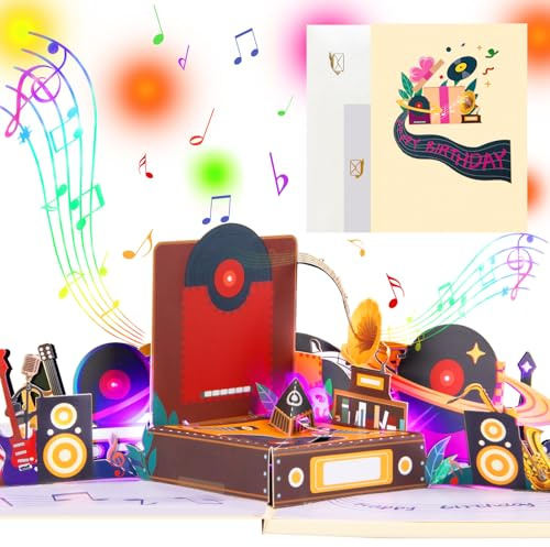 Musikalische Pop-Up Geburtstagskarte mit Lichtern, 3D Plattenspieler Design, Spielt Happy Birthday-Melodie, Handgefertigte Grußkarte mit Umschlag, Geburtstagskarte für Männer, Frauen, Musikliebhabe
