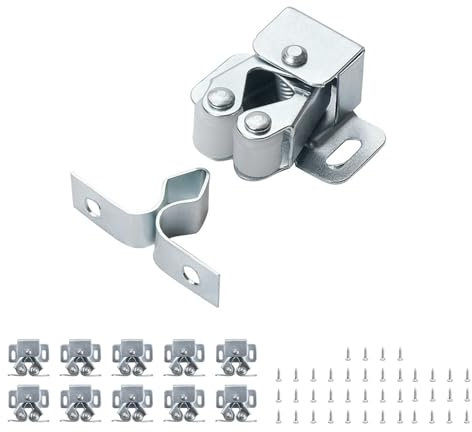 HJIAMA Chiusure a Doppio Rullo Cattura 10 Pezzi, Acciaio Laminato Freddo Zincato Chiusure a Scatto per Mobili, Chiusura Doppio Rullo per Ante con Viti e Fibbie, per Armadi, Librerie, Armadi