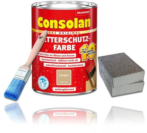 Consolan Wetterschutzfarbe Set 750 ml Holzfarbe Dauerschutz Deckend (Sandgelb)