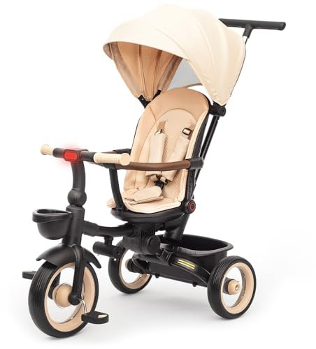 UBRAVOO Baby Dreirad,7-in-1 Klappdreirad für Kinder ab 6 Monaten bis 5 Jahr, Scheinwerfer,Bremspedal,Erweitertes Verdeck,Abnehmbares Geländer,Geländegängiger Kinderwagen mit Lauf&Lenkfunktion