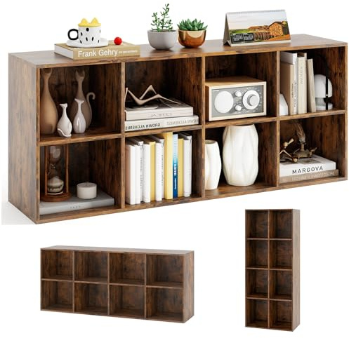 KOMFOTTEU Libreria Scaffale con 8 Cubi, Libreria Legno con 2 Dispositivi Antiribaltamento, Mobile Contenitore per Soggiorno, Camera da Letto, Ufficio, 121,5 x 29 x 61 cm (Marrone)