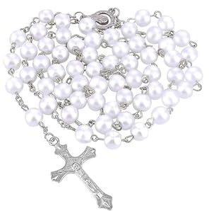 Rosary Beads,Men Glass Bead and Cross Necklace First Holy Communion Silver Crucifix Baptism Favors Personalised Rosemary White Car Rosarys Elegant Praying Hands Medal,for Catholic Mens Women Guests