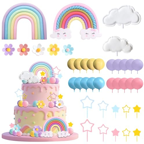 Rainbow Cake Topper Rainbow Theme Party Supplies Pastel Balls Cake Topper
