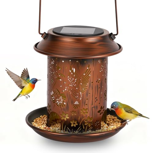 Solar Bird Feeder, Outdoor Hanging Metal Bird Feeder, IP65 Waterproof Garden Bird Feeders with Solar Panel, 8-12 Hours Light, for Outdoors Wild Bird Feed Garden Patio Lawn Decor