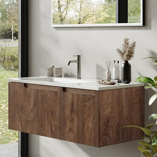 BRIDGE BENO Mueble de Baño Suspendido de 100 cm con Lavabo de Resina Mineral, 1 Cajón y 1 Puerta, Ultrafino, Cierre Suave, Frontal Acanalado – Apto para Baños Grandes – Forest Walnut