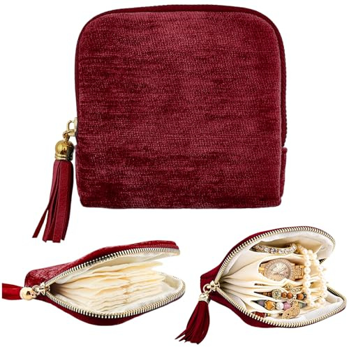 Small Travel Jewelry Case, Portable Soft Velvet Organizer Pouch,Organizer Pouch with 5 Compartments Pocket,for Bangle, Bracelets, Large Earrings, Beaded necklace, Women Gifts for Travel (Burgundy)